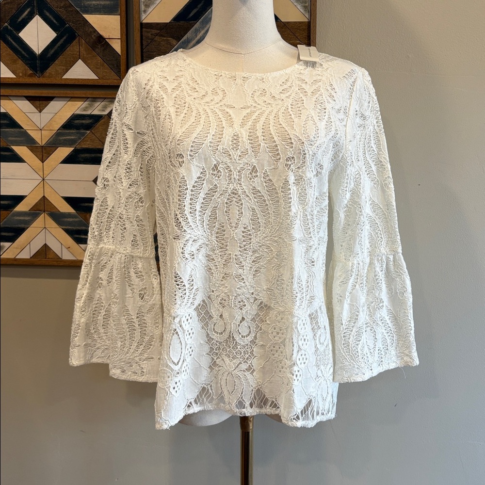 Anthropologie Waverly Grey Liberant White Lace Ruffle Sleeve Top size Small NWT
